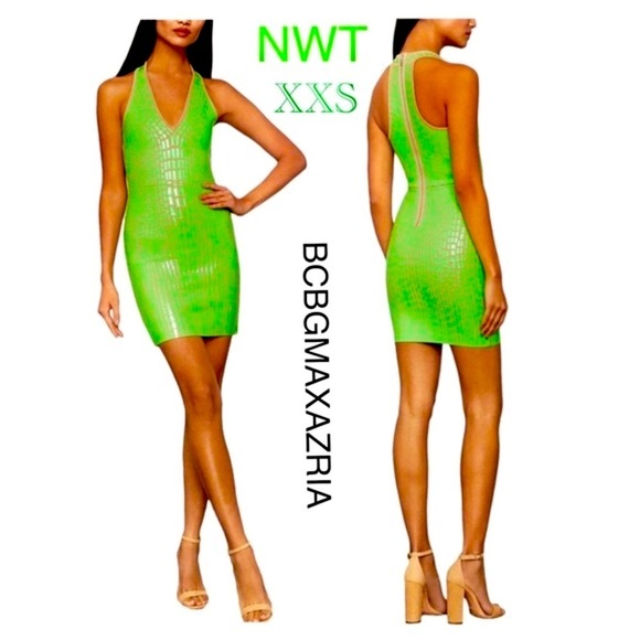 NWT lime green faux leather patchwork racer back bandage mini XXS BCBGMAXAZRIA